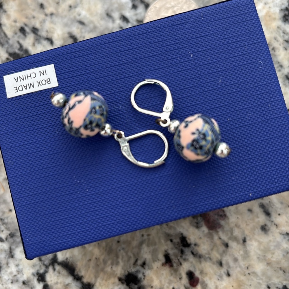 Vera Bradley retired silvertone drop Blue & white round clay Earrings